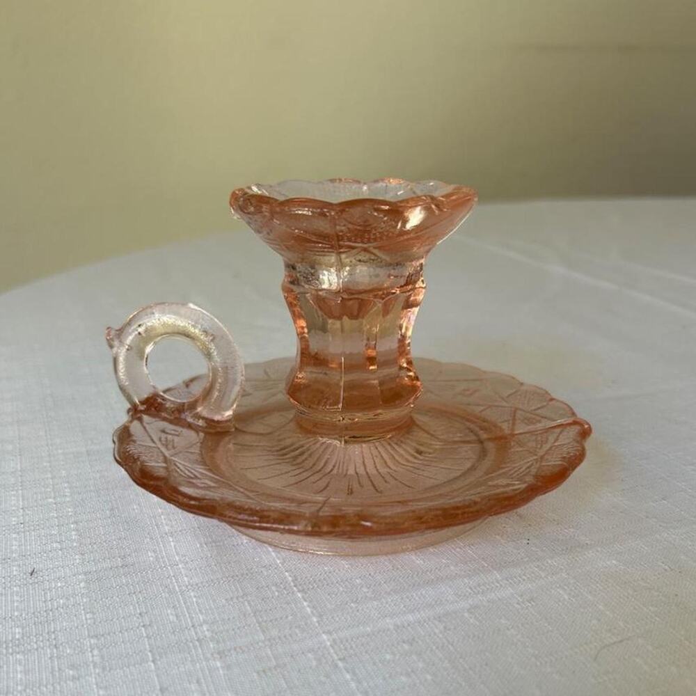 Vintage Heisey Pink Depression Glass Finger Loop Chamberlain Candlestick Holder.
